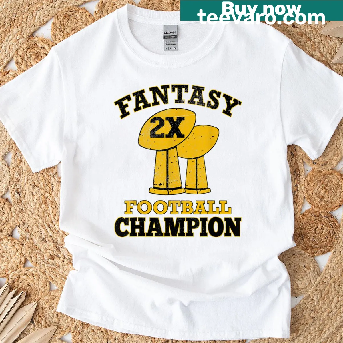 Fantasy football champion trophy t-shirt with '2x Champion' text — on a men's t-shirt
