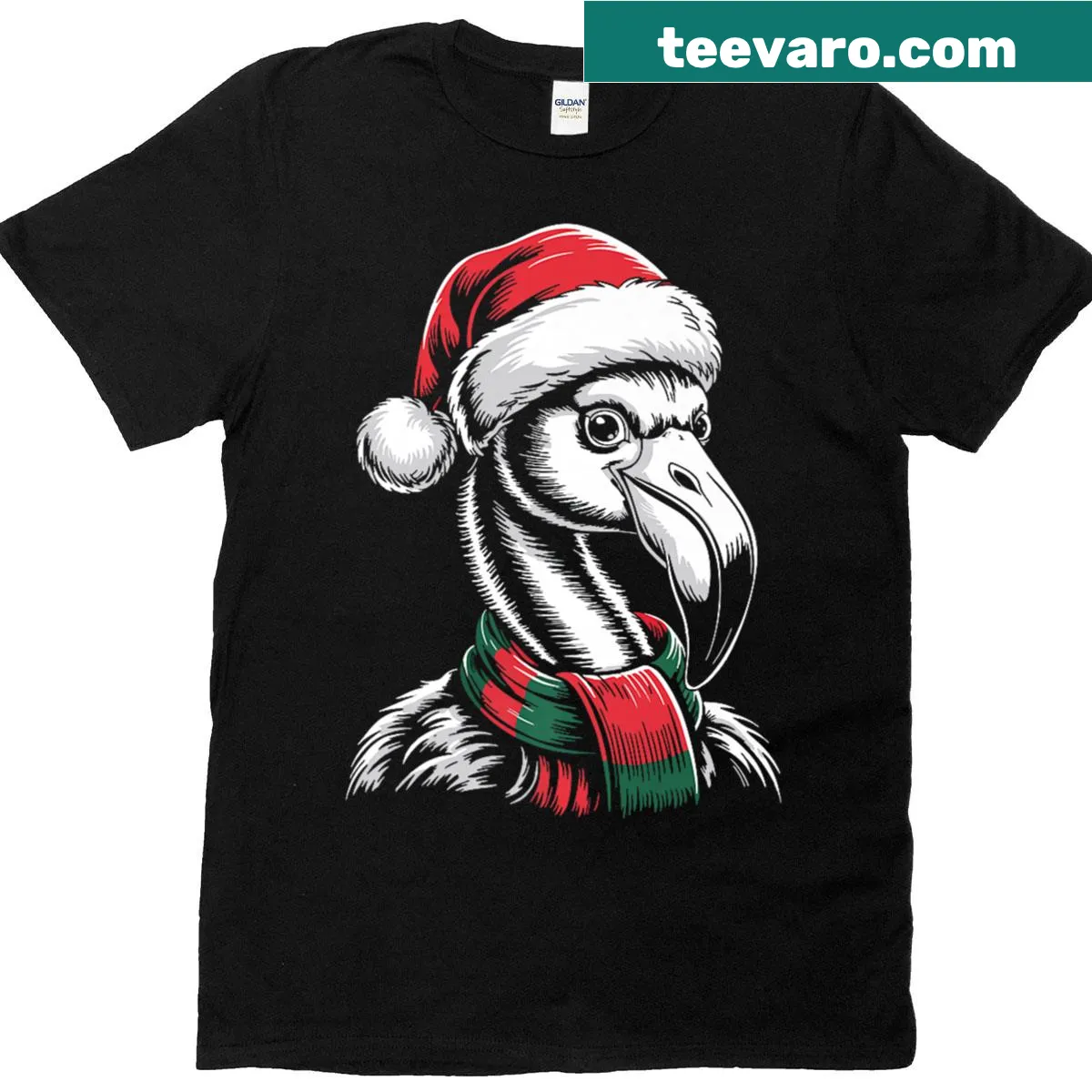 Cartoon flamingo in Santa hat and scarf on a Christmas shirt — on a men's t-shirt