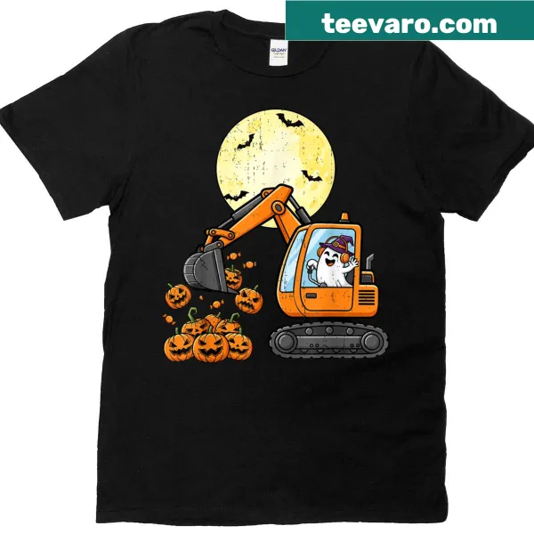 Cartoon t-shirt featuring an excavator driving a pumpkin for kids