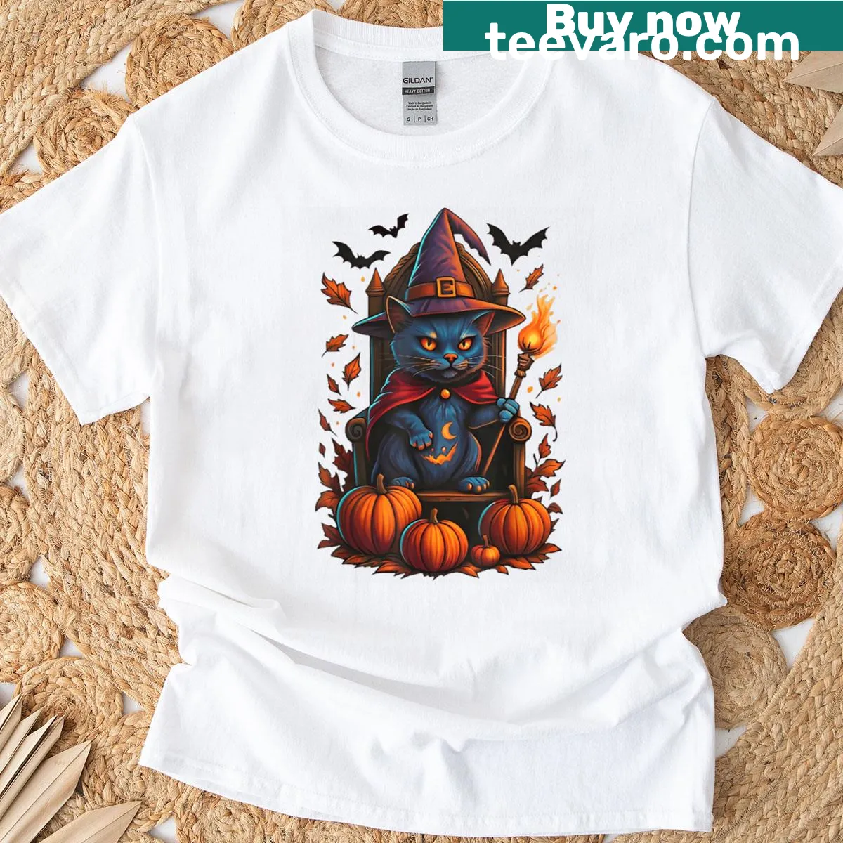 Whimsical ghost cat with pumpkins on a Halloween T-shirt for cat lovers — on a men's t-shirt