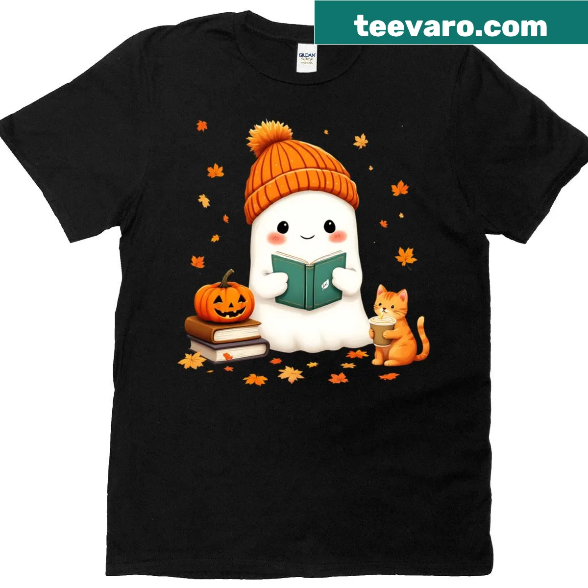 Cute Halloween t-shirt featuring a ghost, reading cat, pumpkins, and coffee — on a men's t-shirt