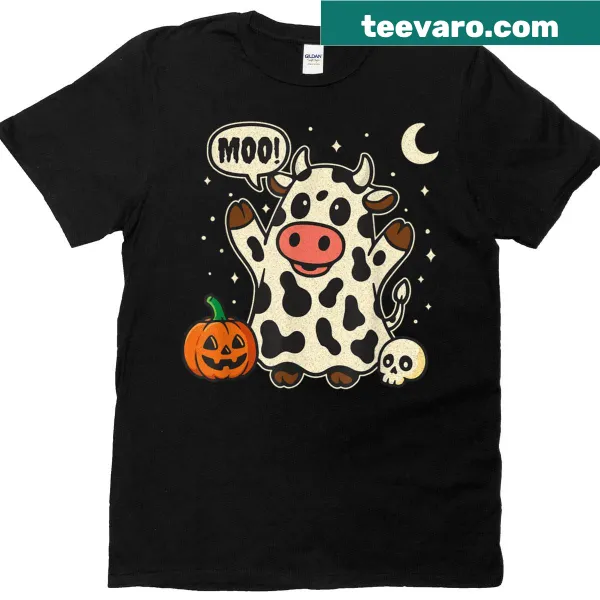 Cute Halloween t-shirt featuring a ghost cow illustration