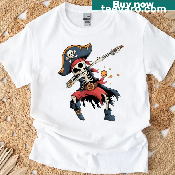 Cartoon pirate skeleton dabbing in a fun Halloween T-shirt for kids