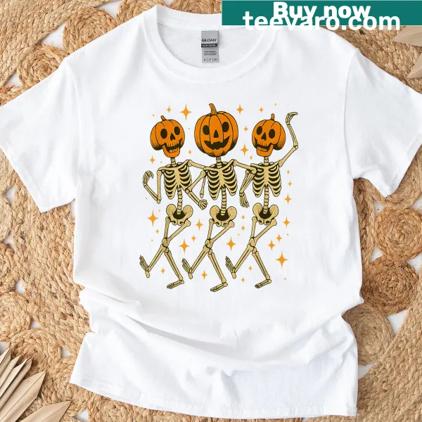Halloween T-shirt featuring funny dancing pumpkin skeletons