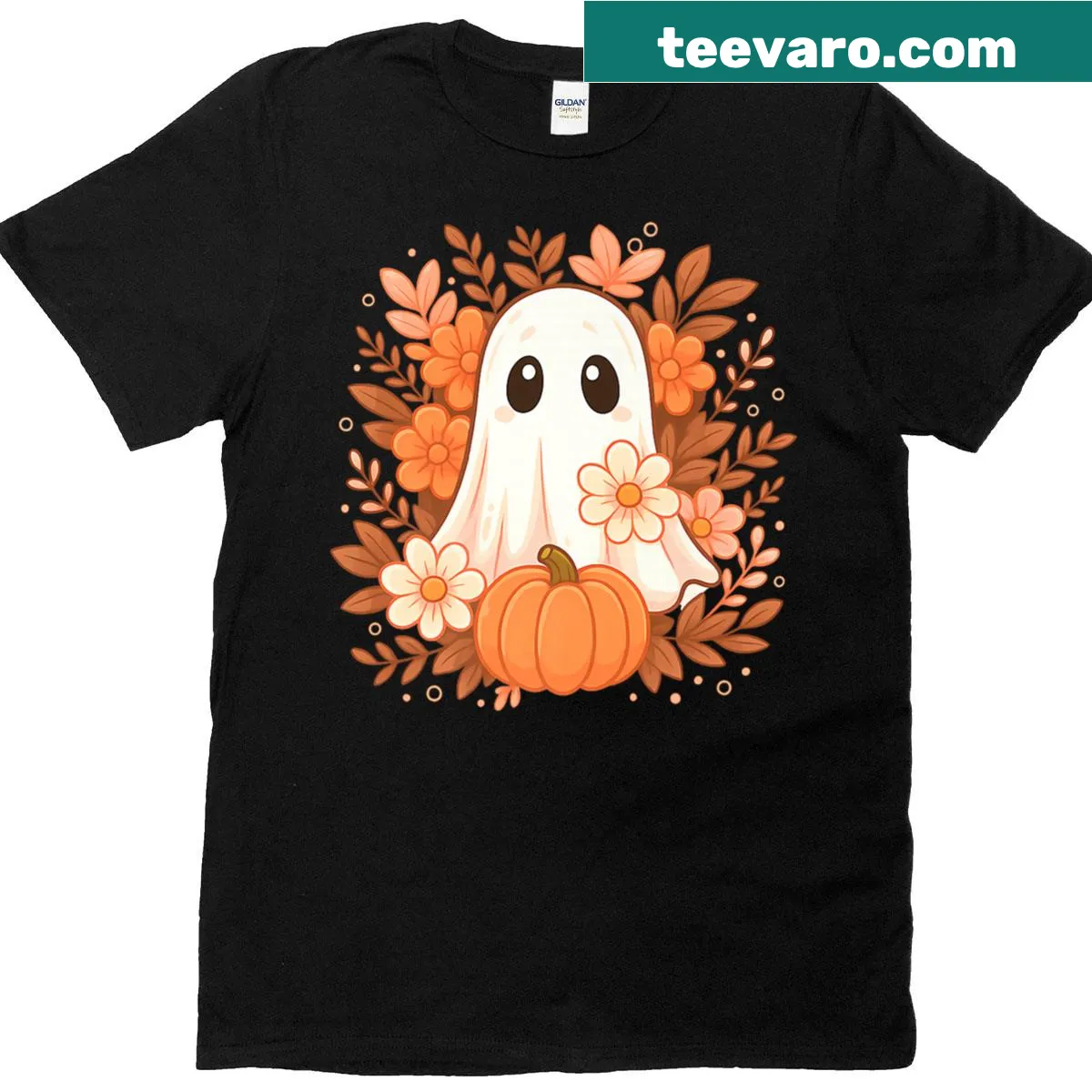 Cute Halloween t-shirt with ghost and pumpkin floral illustration — on a men's t-shirt