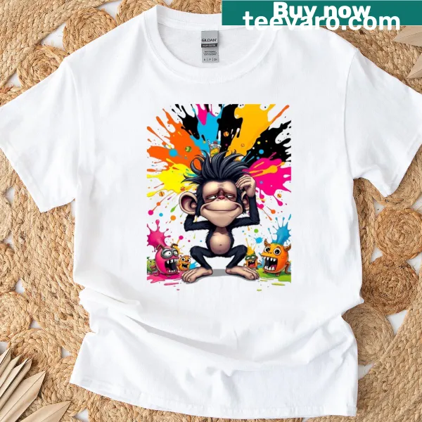 Cartoon T-shirt featuring a goofy monkey and colorful paint splash