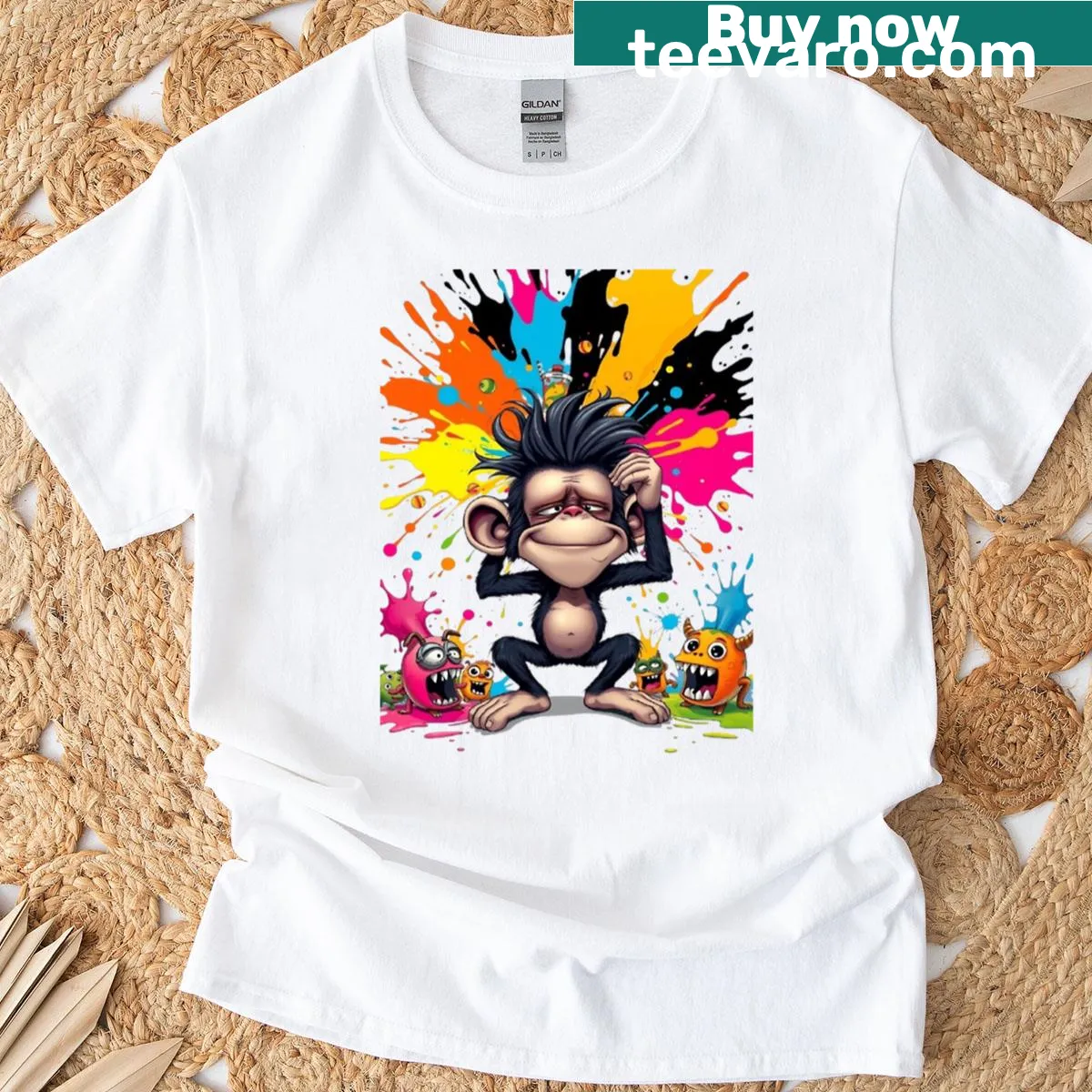 Cartoon T-shirt featuring a goofy monkey and colorful paint splash — on a men's t-shirt