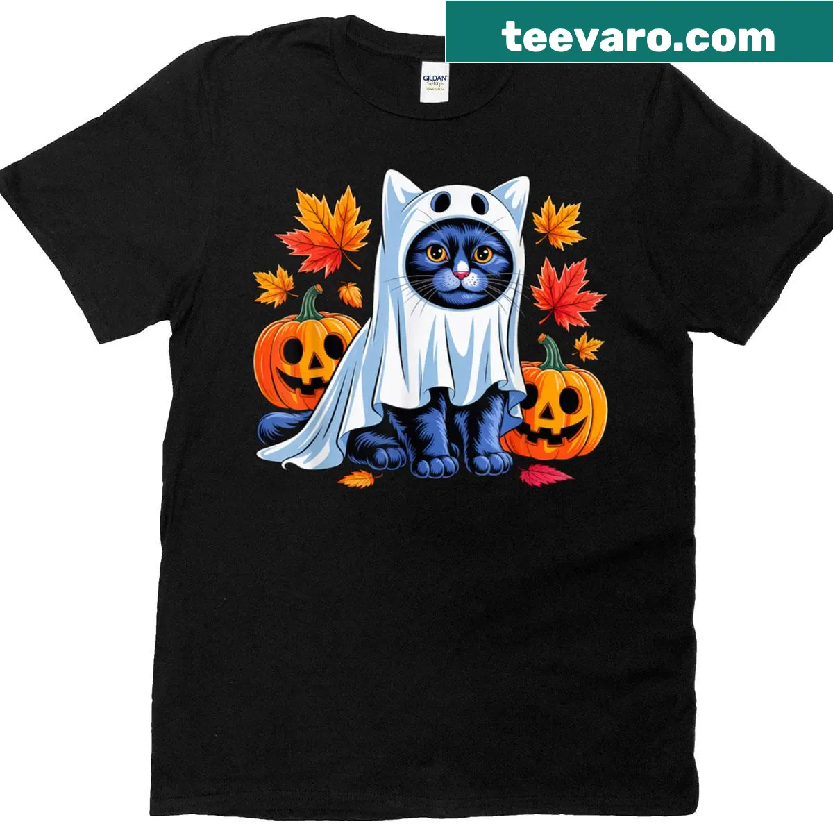 Halloween-themed t-shirt with a spooky cat and pumpkins — on a men's t-shirt