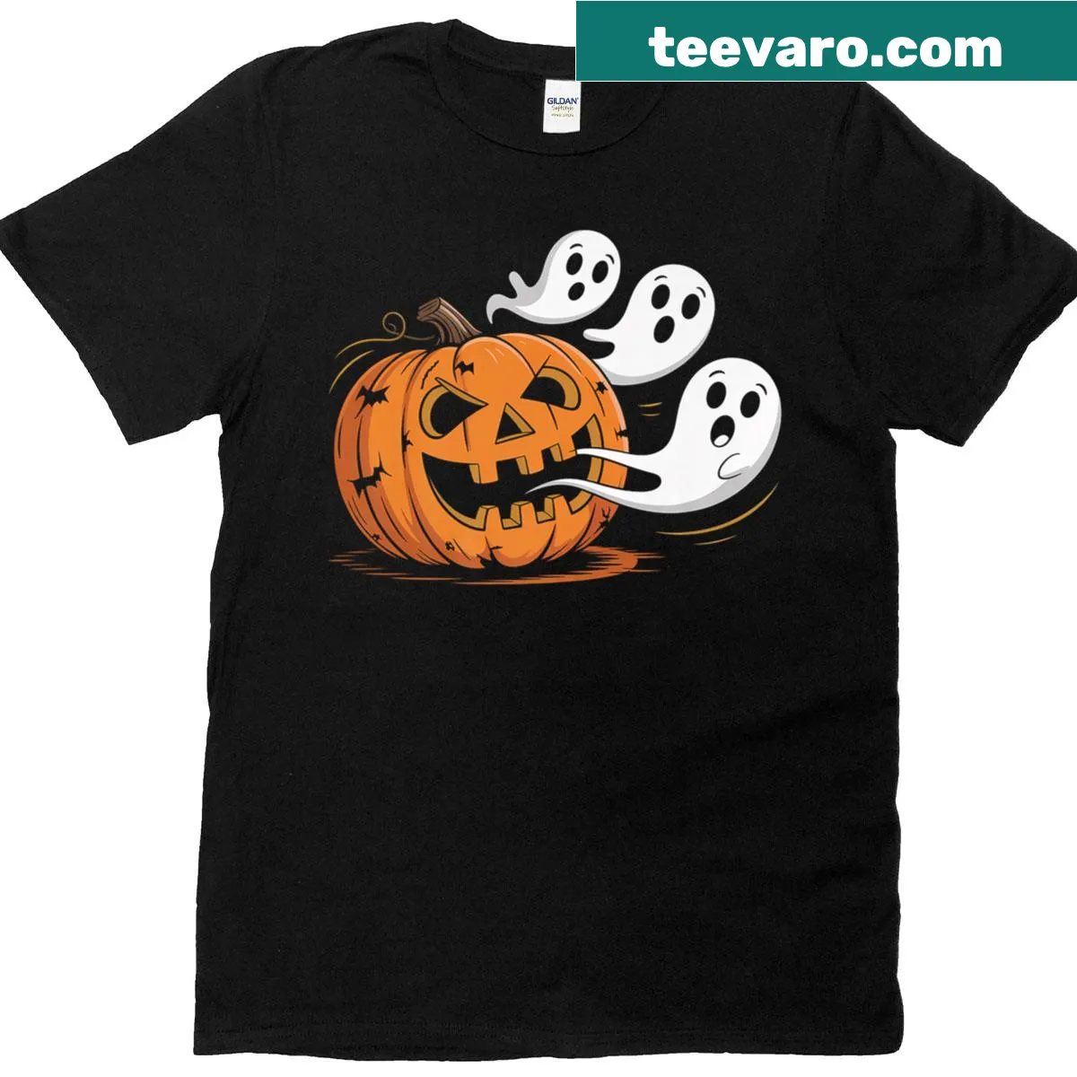 Cute Halloween t-shirt with pumpkin and ghost graphic — on a men's t-shirt