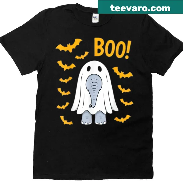 Cartoon elephant dressed as a ghost with bats for Halloween