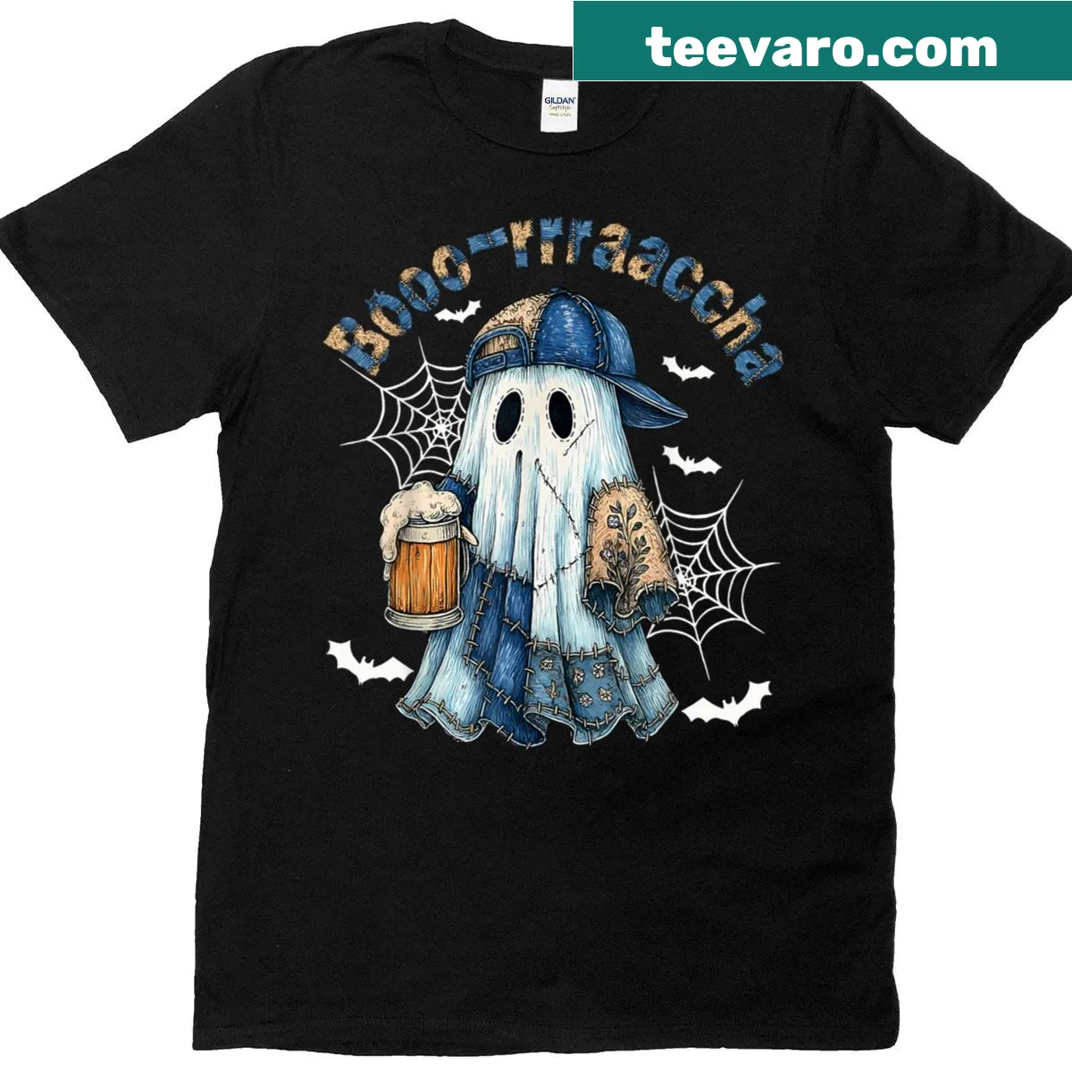 Typography shirt with beer and denim theme for Halloween — on a men's t-shirt