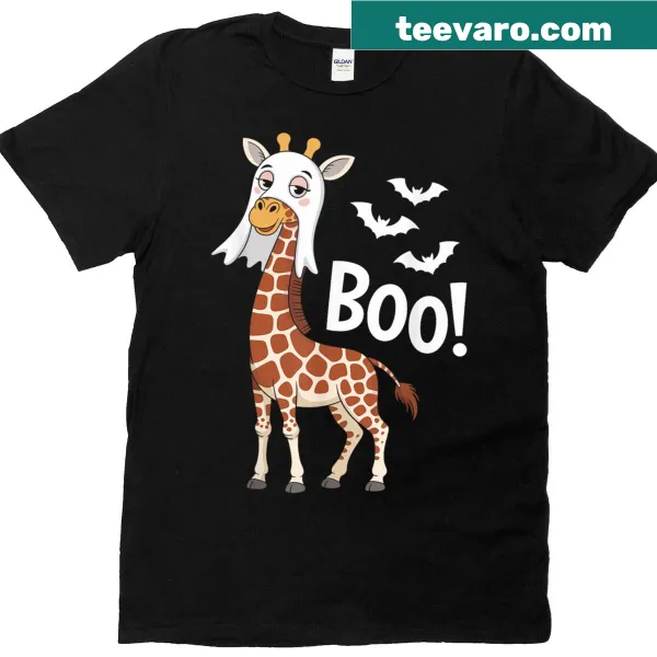 Halloween shirt with giraffe in ghost costume and bats