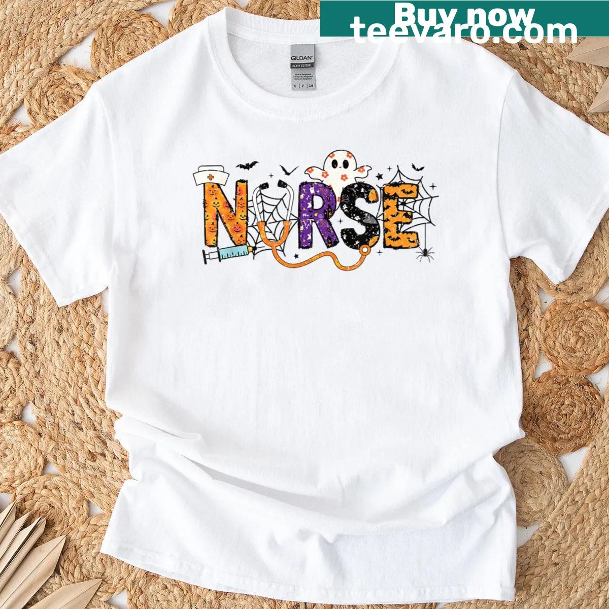 Funny Halloween shirt for nurses featuring ghosts and pumpkins — on a men's t-shirt