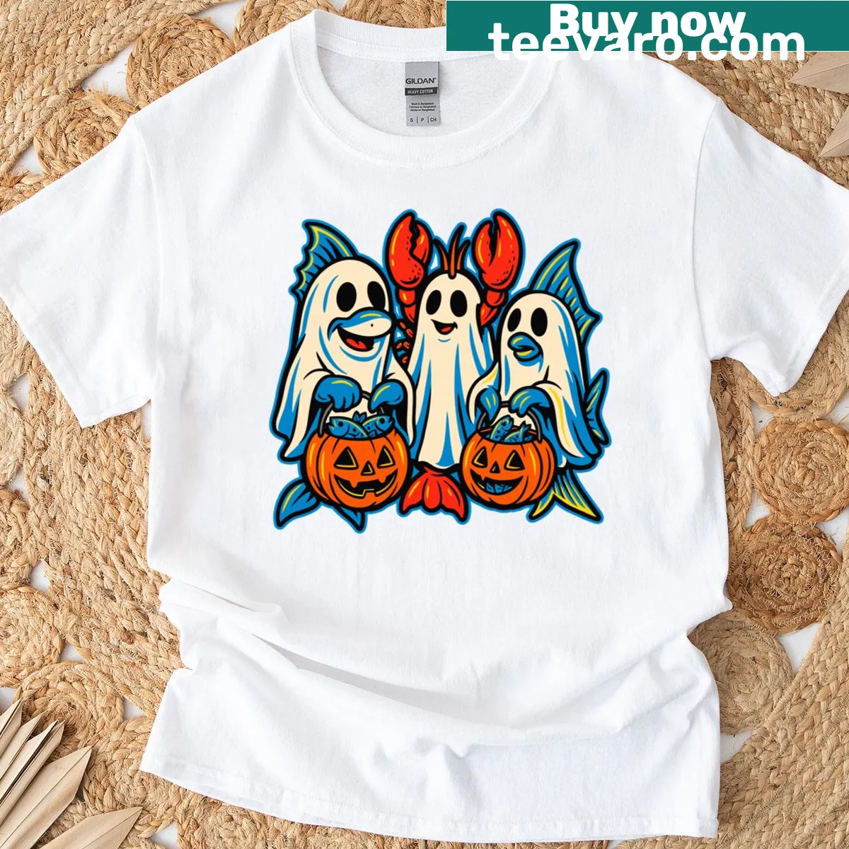 Cartoon lobster ghost graphic for Halloween with fish designs. — on a men's t-shirt