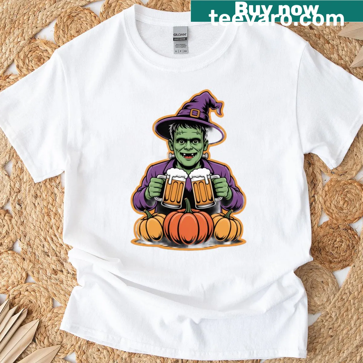 Monster witch illustration enjoying beer for Halloween — on a men's t-shirt