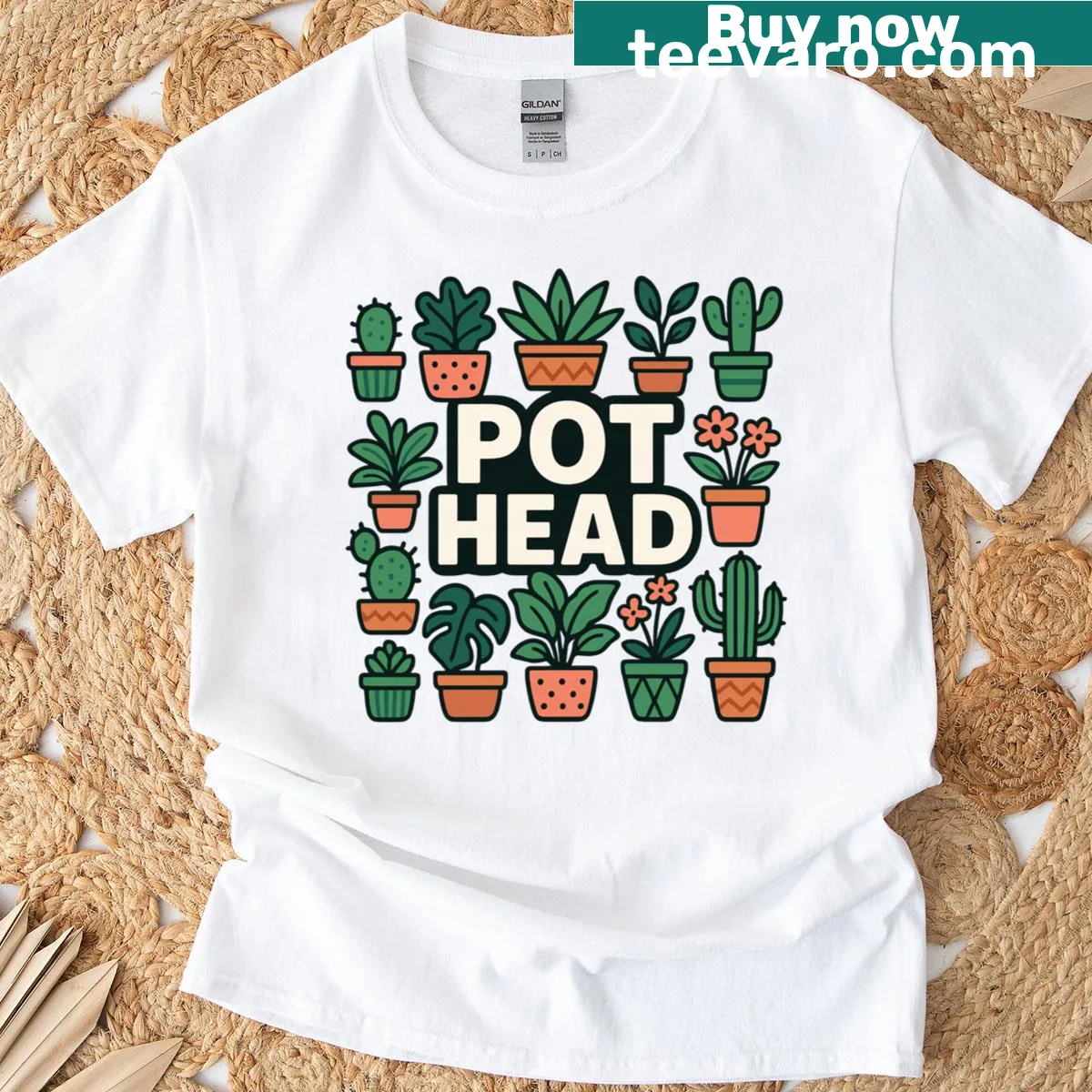 Vintage-style 'Pot Head' graphic T-shirt with a plant pot face design. — on a men's t-shirt