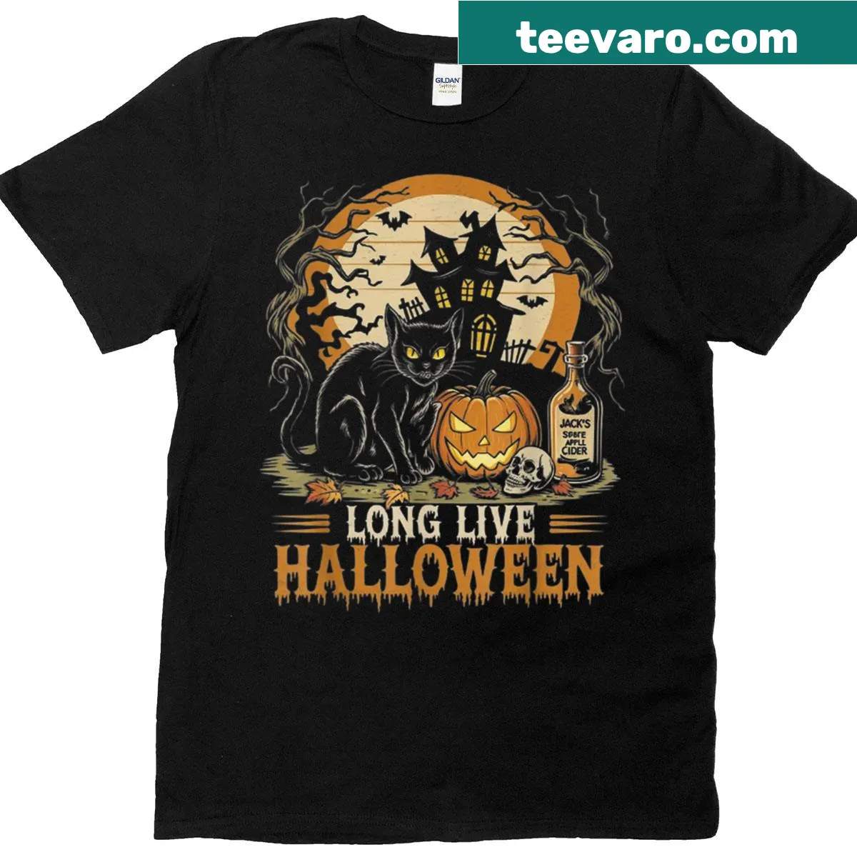 Halloween T-shirt with pumpkin and black cat design — on a men's t-shirt