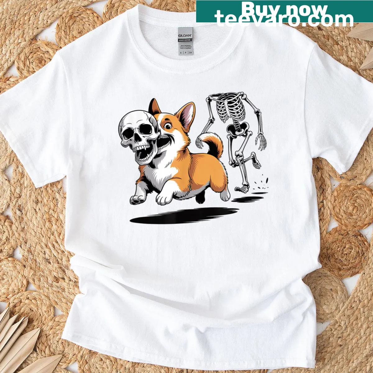 Illustration of a skeleton chasing a corgi on a Halloween-themed T-shirt. — on a men's t-shirt