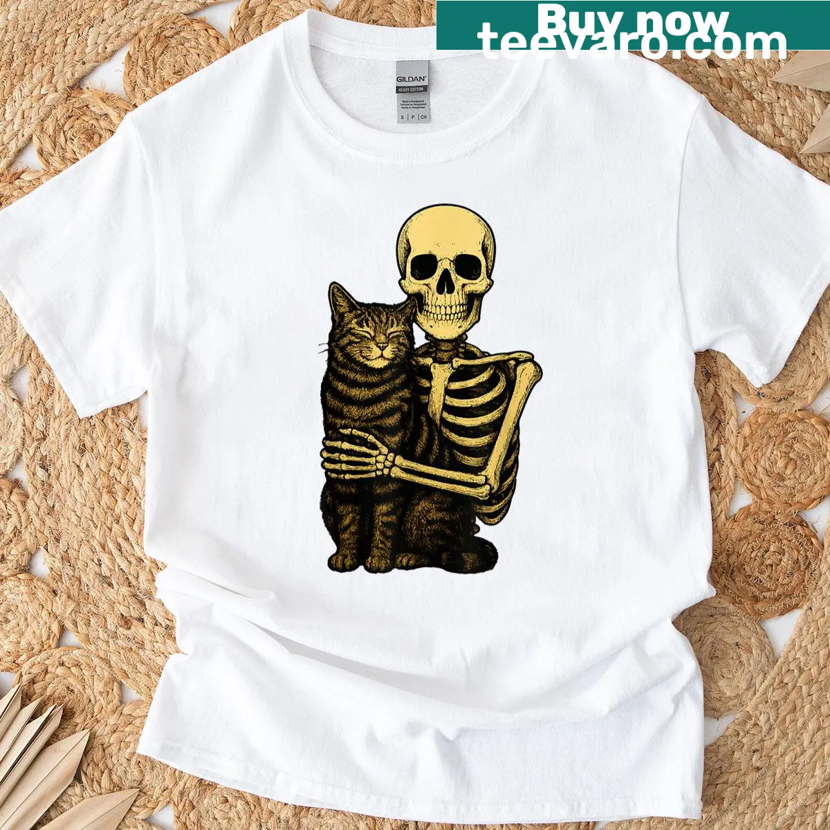 T-shirt with a skeleton hugging a black cat for Halloween — on a men's t-shirt