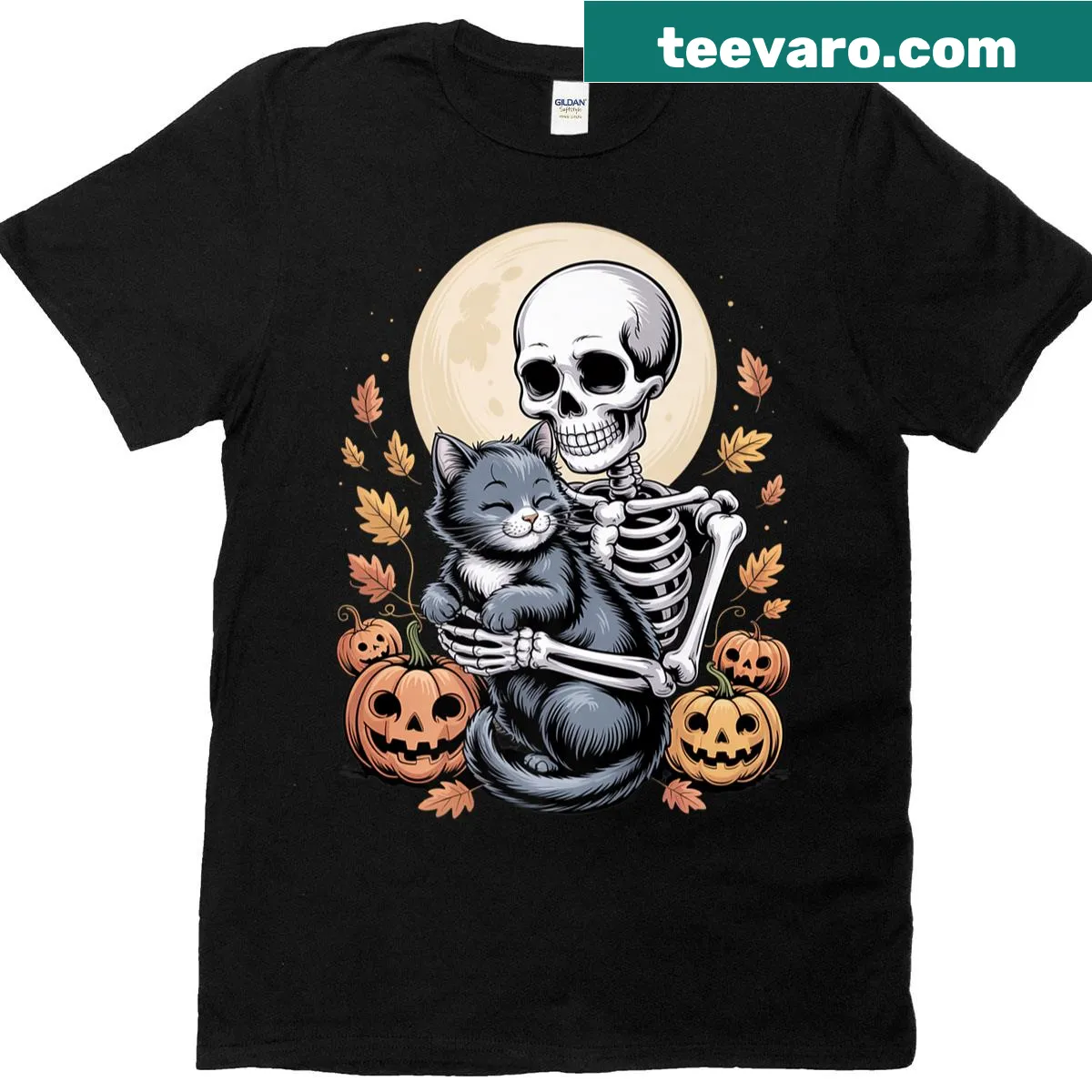 Cartoon skeleton hugging a cat for Halloween-themed t-shirt — on a men's t-shirt