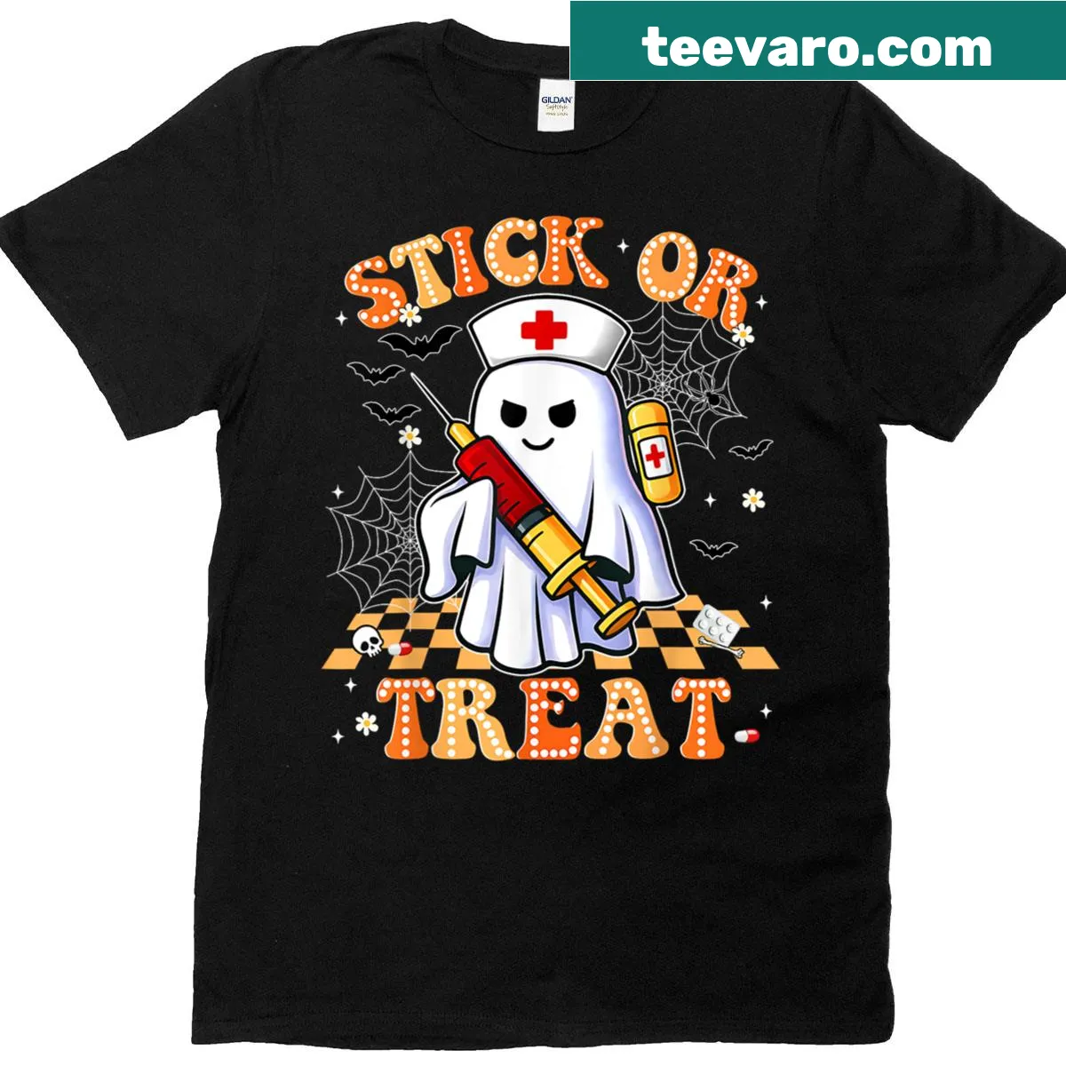 Humorous Trick or Treat Boo Nurse design for Halloween t-shirt — on a men's t-shirt