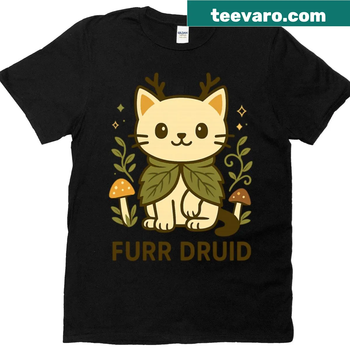 Whimsical forest cat with antlers design for t-shirt — on a men's t-shirt