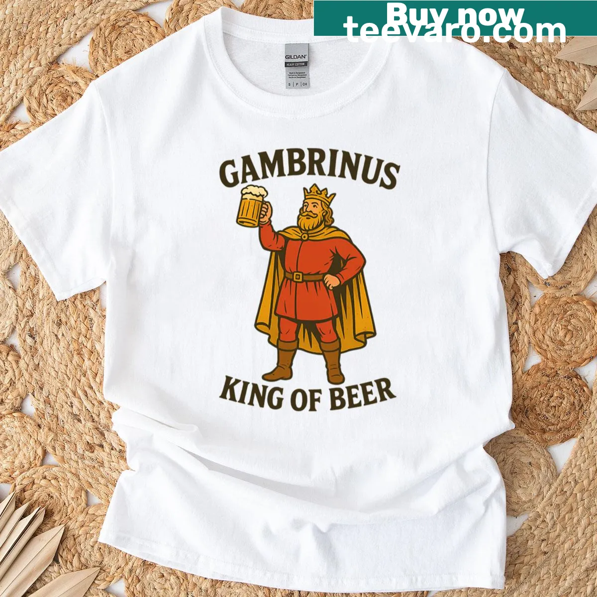 Badge-style T-shirt featuring Gambrinus, the King of Beer — on a men's t-shirt