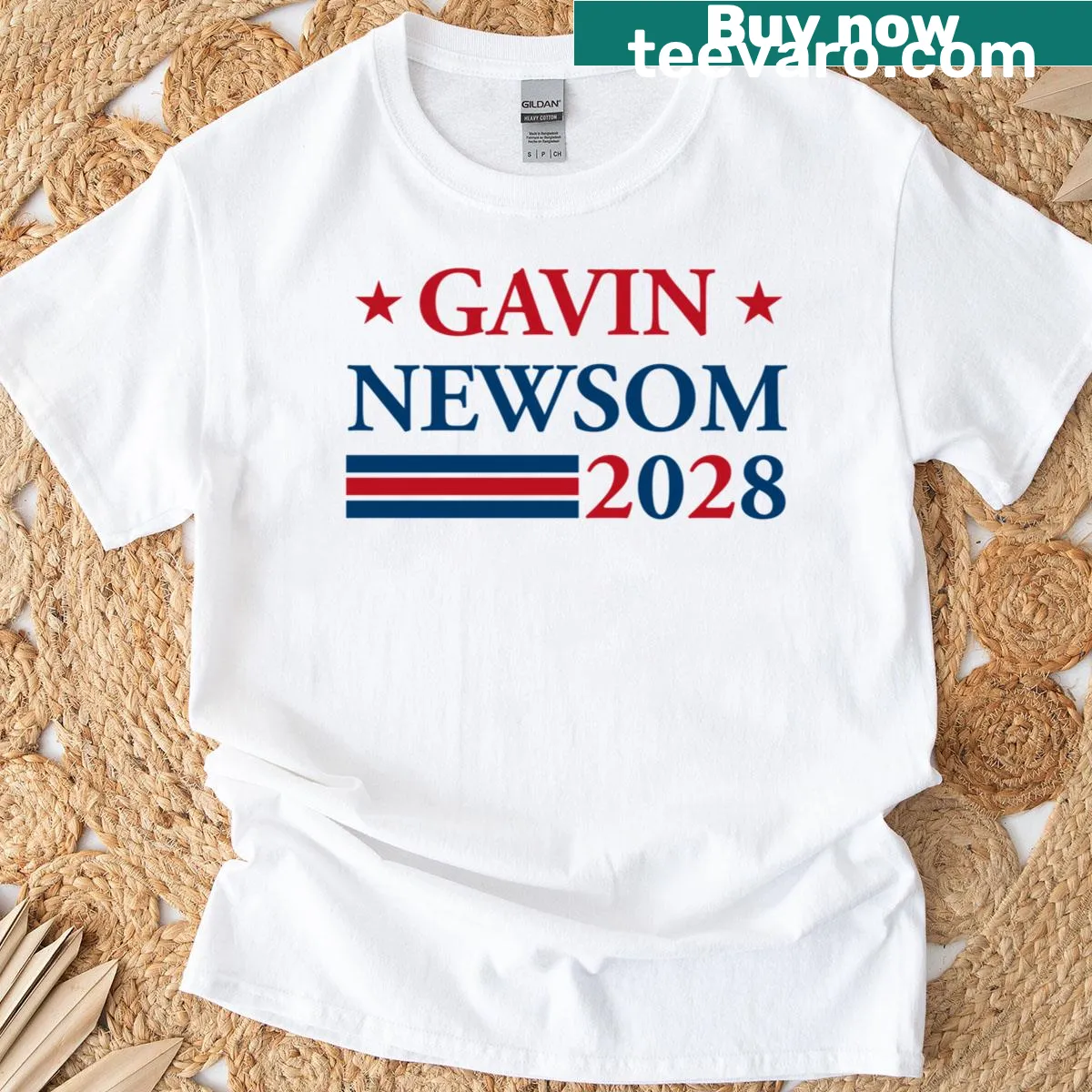 Gavin Newsom election campaign graphic T-shirt — on a men's t-shirt
