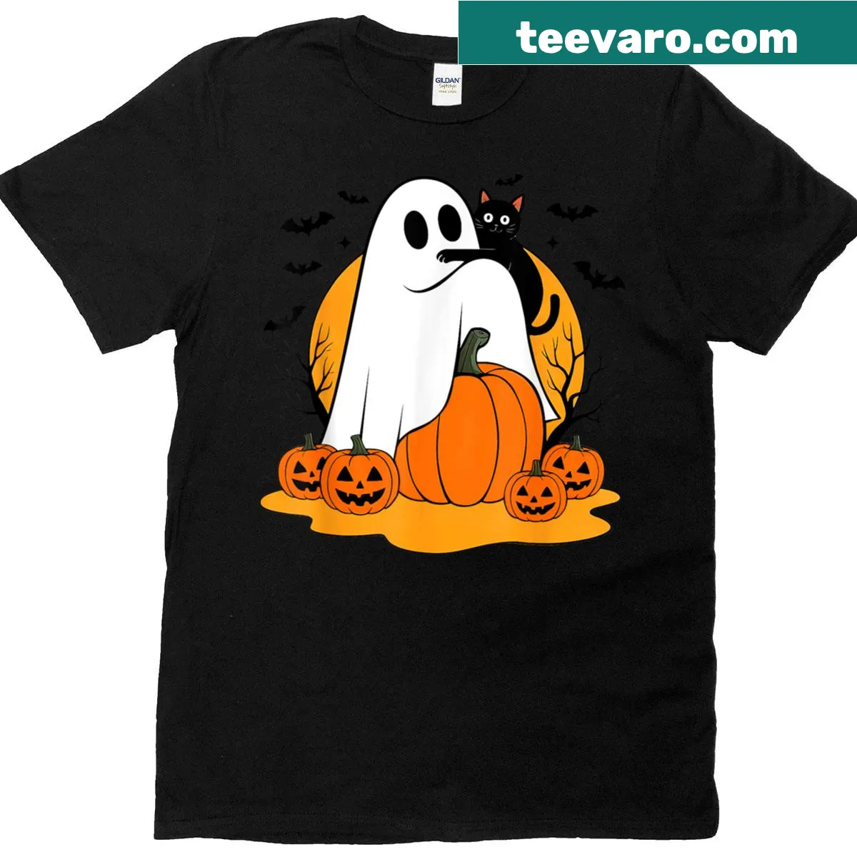 Cute ghost black cat and pumpkin graphic on T-shirt — on a men's t-shirt