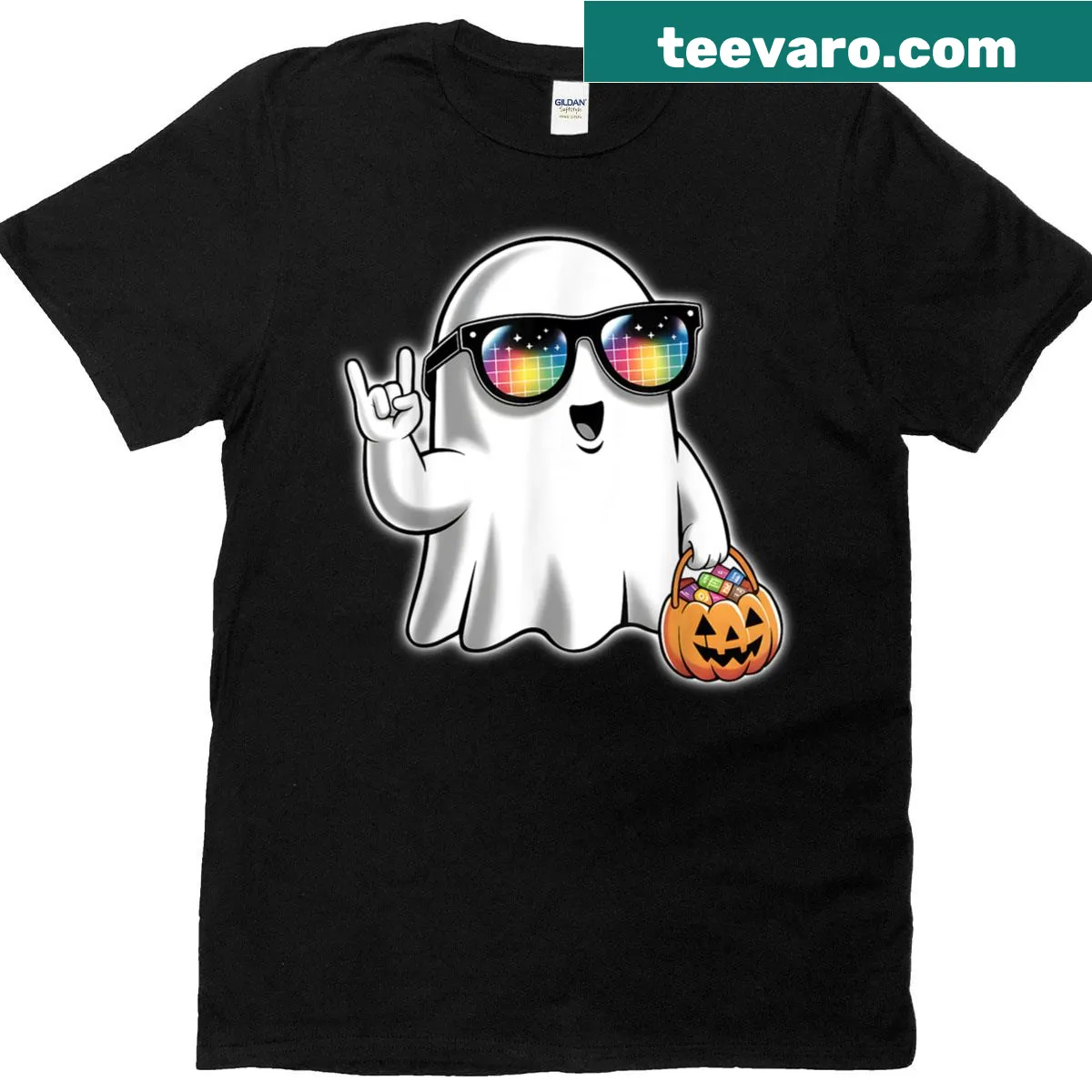 Playful Halloween T-shirt with ghost and pumpkin graphic — on a men's t-shirt