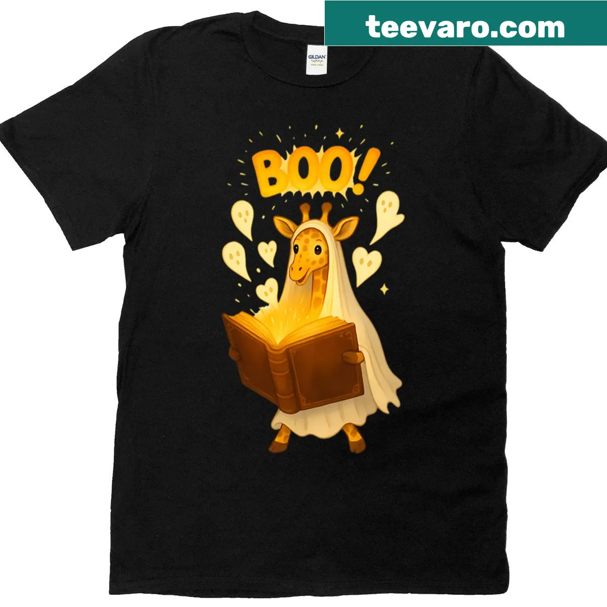 Whimsical Halloween graphic t-shirt featuring ghost giraffe — on a men's t-shirt