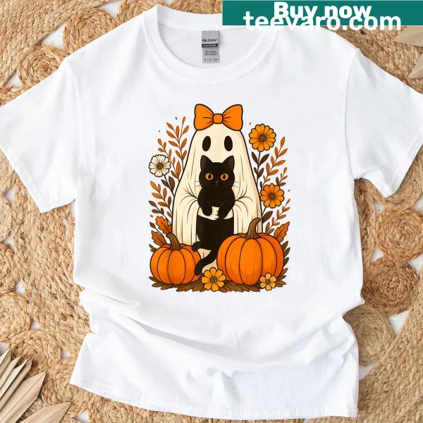 Cute ghost holding a black cat with floral design for Halloween