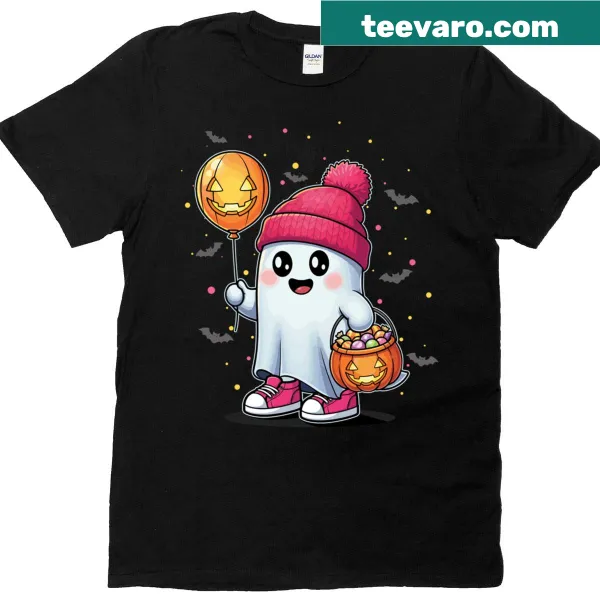 Friendly ghost with candy and pumpkin graphic for Halloween tee