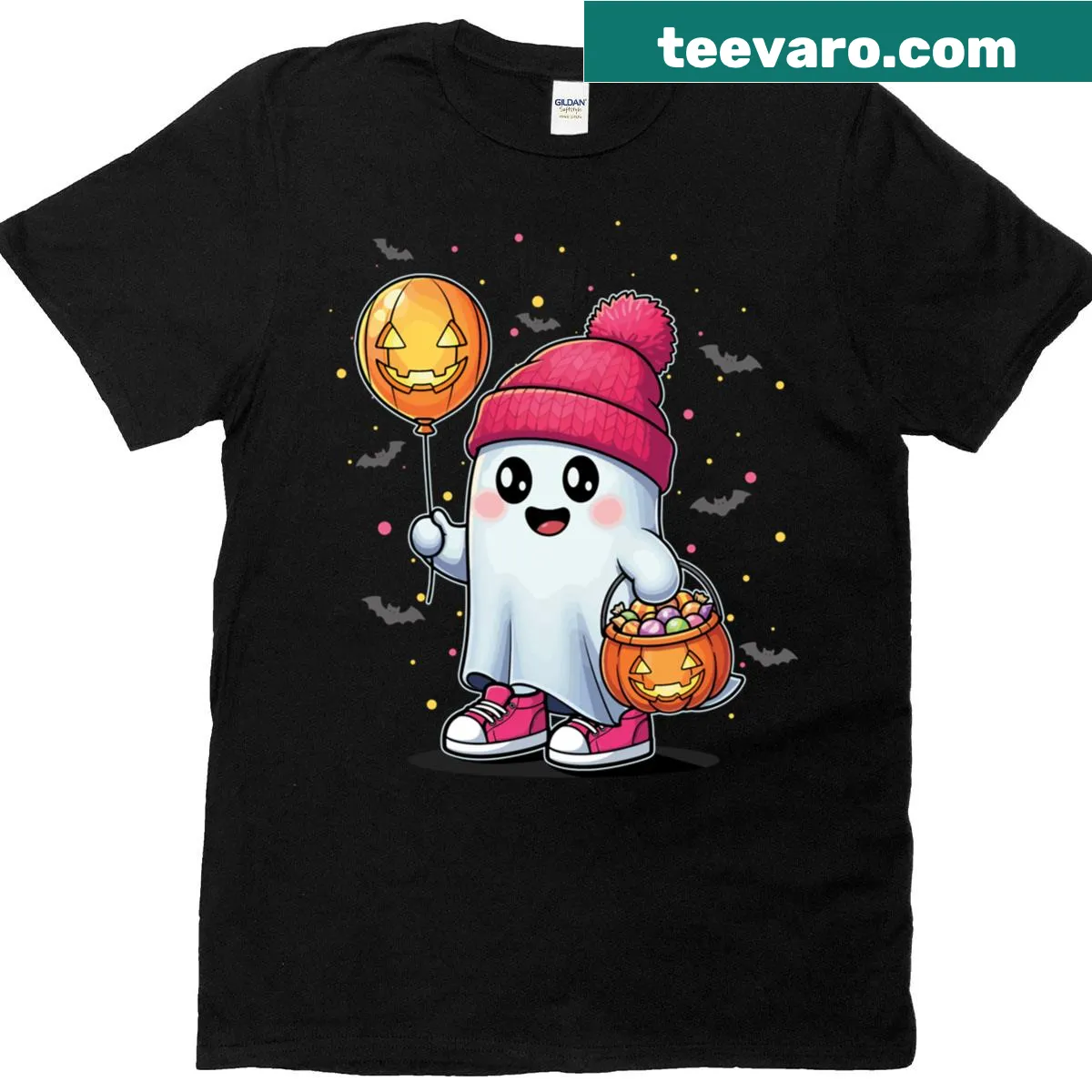 Friendly ghost with candy and pumpkin graphic for Halloween tee — on a men's t-shirt