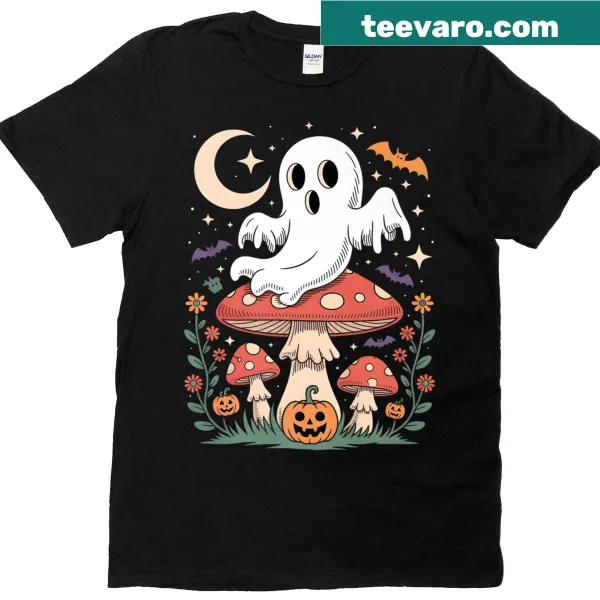 Playful ghost on mushroom with pumpkins and bats t-shirt