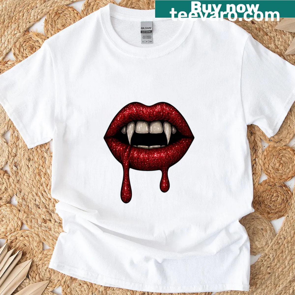 Gothic design of vampire lips and fangs on T-shirt — on a men's t-shirt