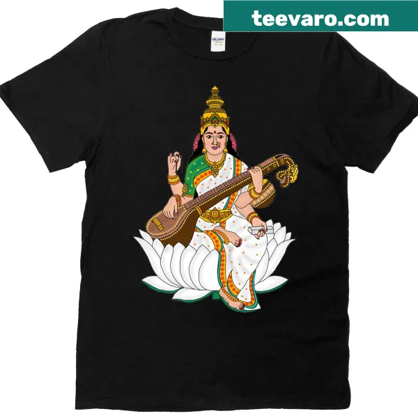 Illustration of Goddess Saraswati playing the veena on a t-shirt