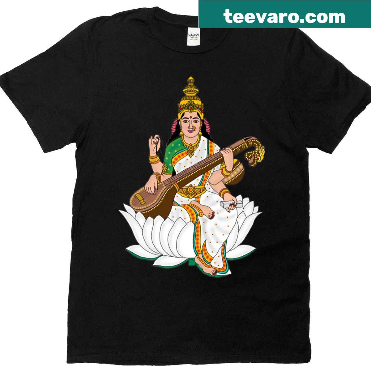 Illustration of Goddess Saraswati playing the veena on a t-shirt — on a men's t-shirt