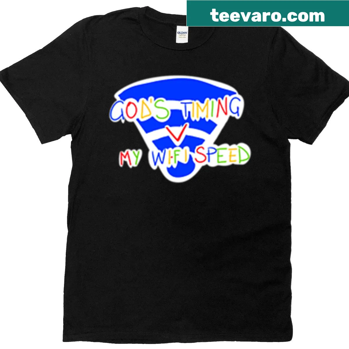 Funny cartoon design shirt about God's timing and wifi speed — on a men's t-shirt