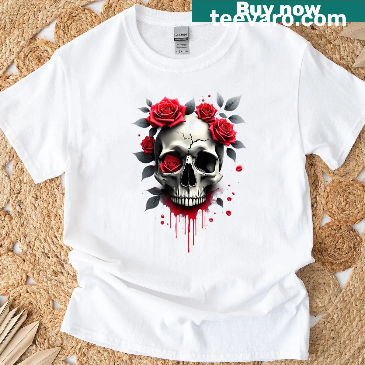Gothic T-shirt with skull and red roses design — on a men's t-shirt