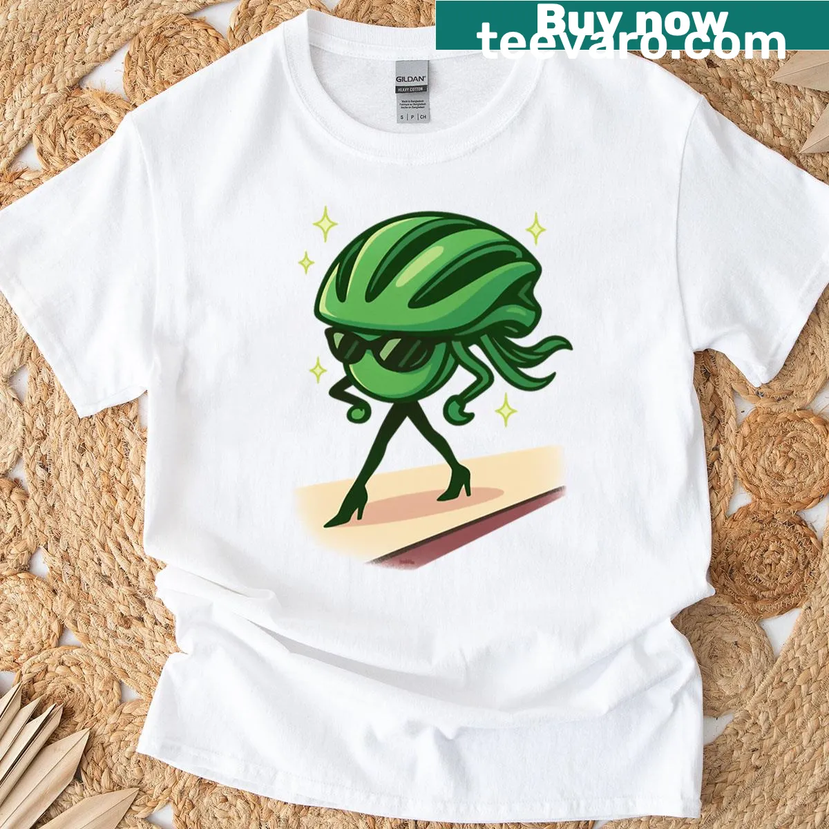 Cartoon cat in a green helmet on a catwalk T-shirt — on a men's t-shirt