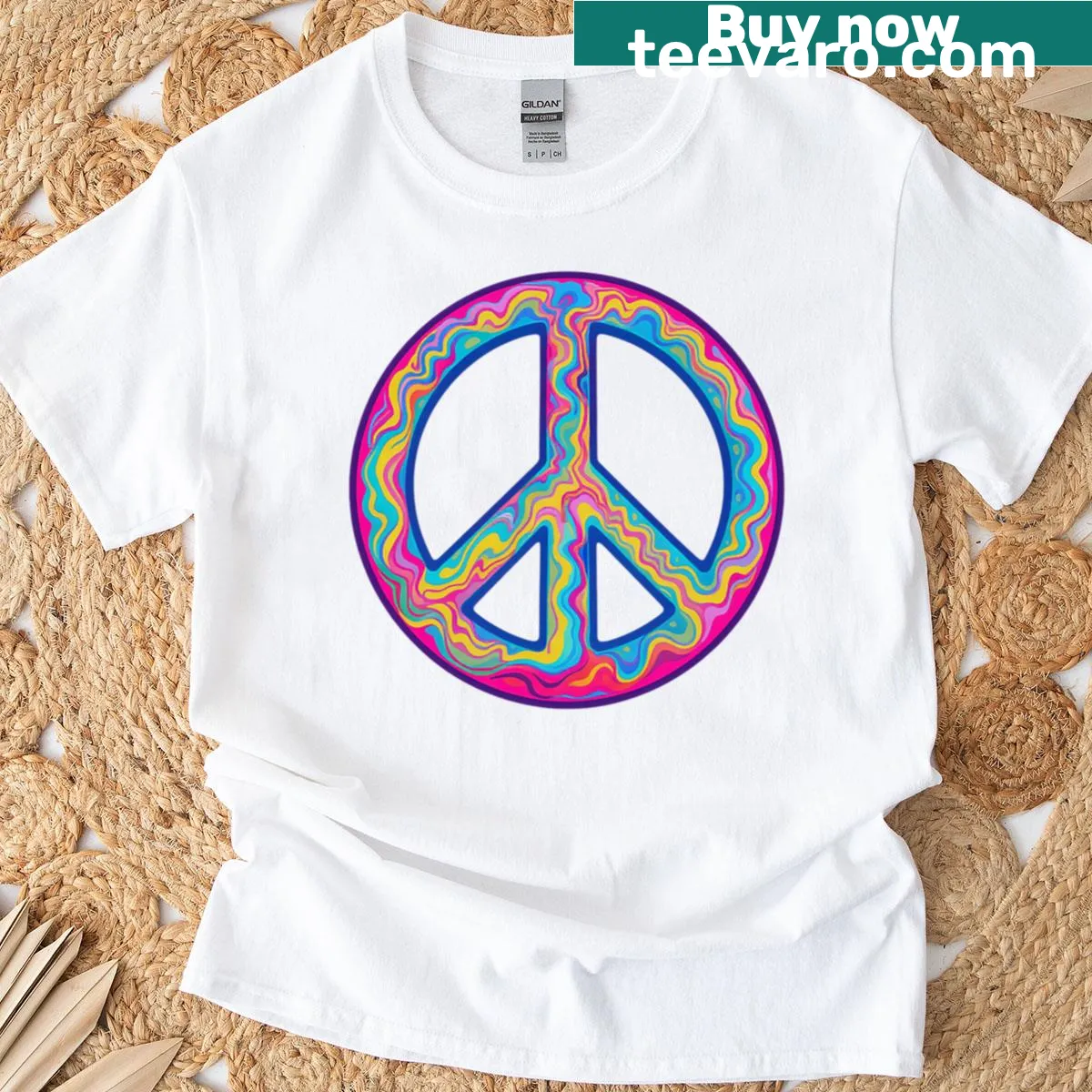 1960s peace sign graphic on retro tee — on a men's t-shirt