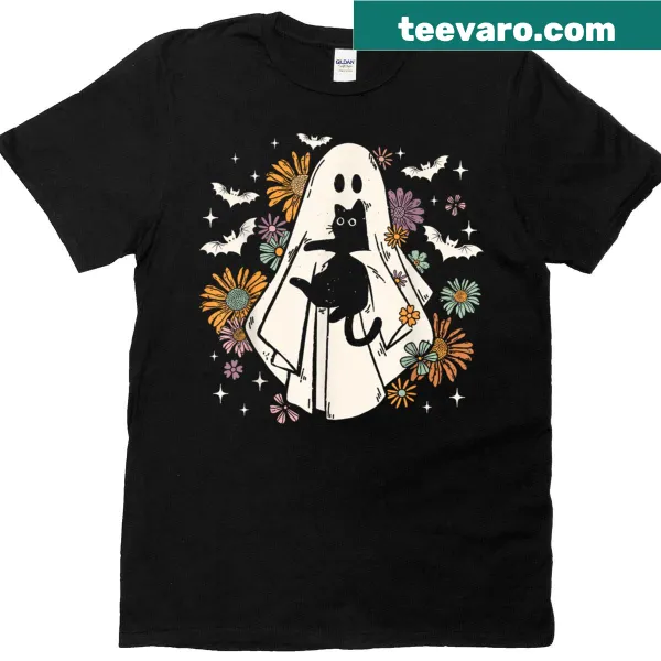 Halloween t-shirt with a ghost holding a black cat and floral design