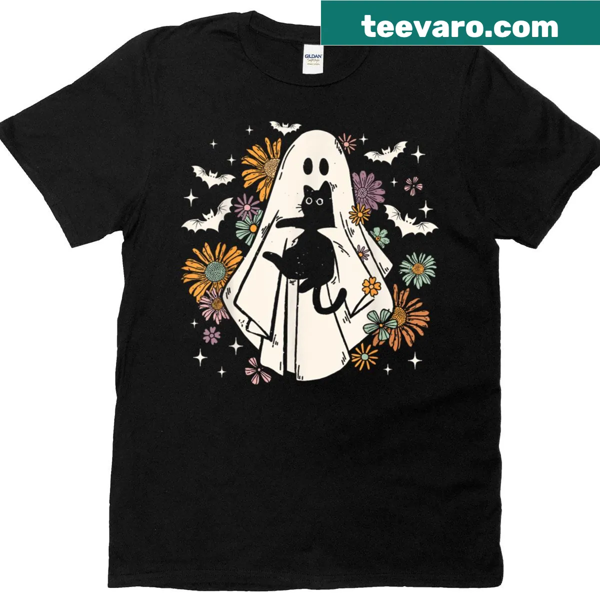 Halloween t-shirt with a ghost holding a black cat and floral design — on a men's t-shirt