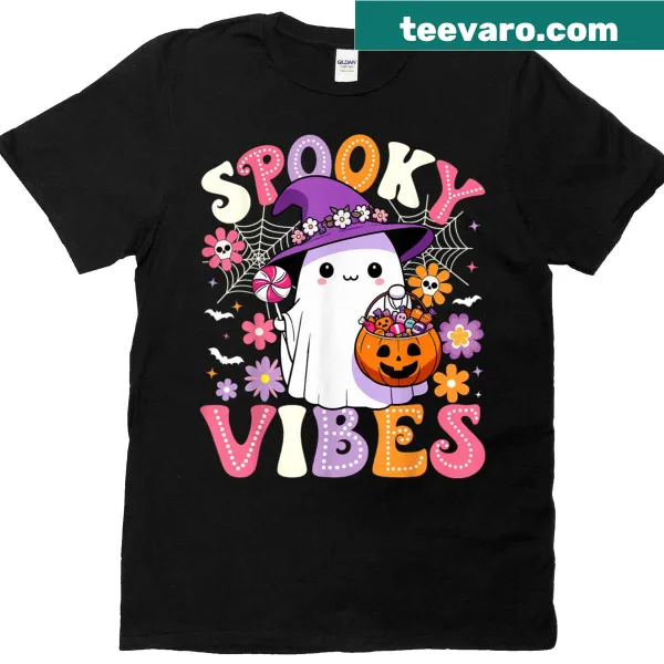 Retro Halloween T-shirt featuring a ghost holding a pumpkin