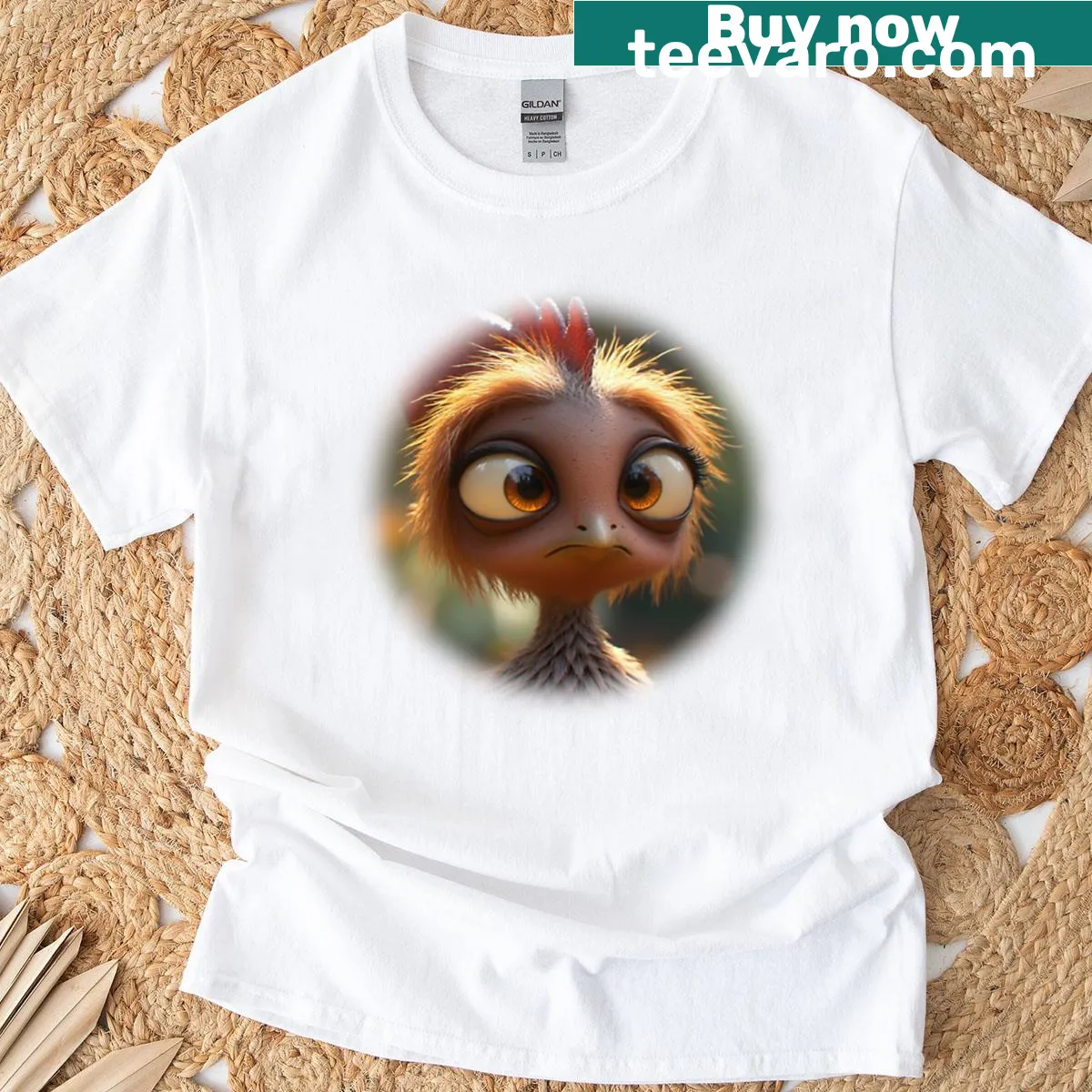 Funny T-shirt with a big-eyed chicken graphic — on a men's t-shirt