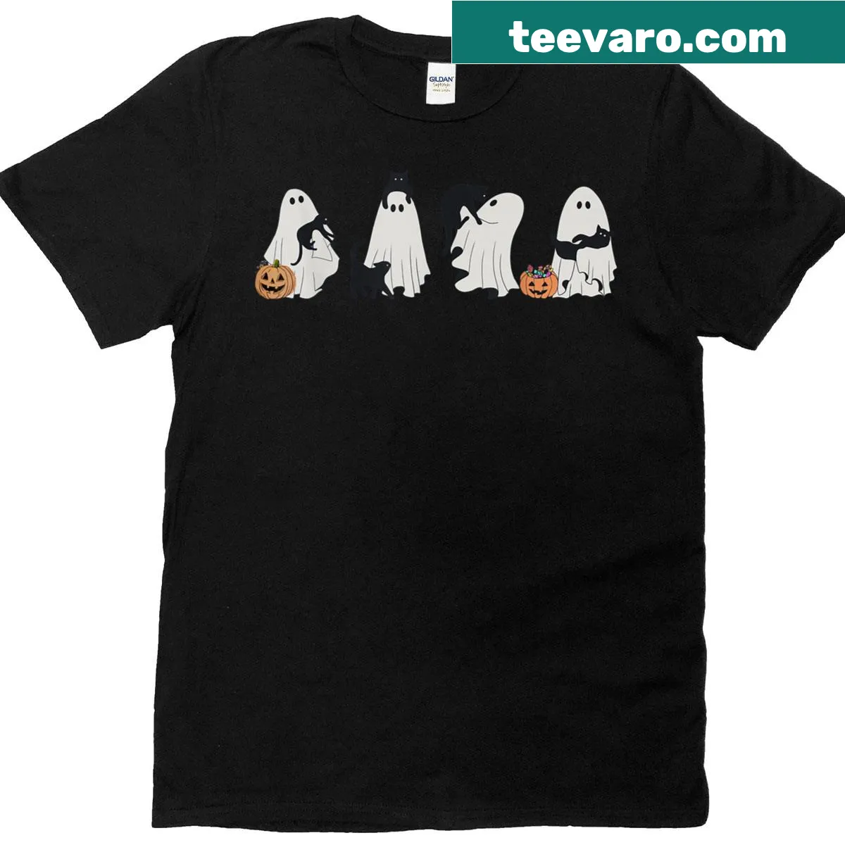 Halloween shirt with a black cat, ghosts, and pumpkins — on a men's t-shirt