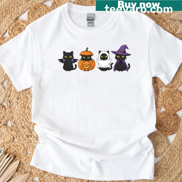 Illustration of a black cat with pumpkin, ghost, witch, and bats for Halloween