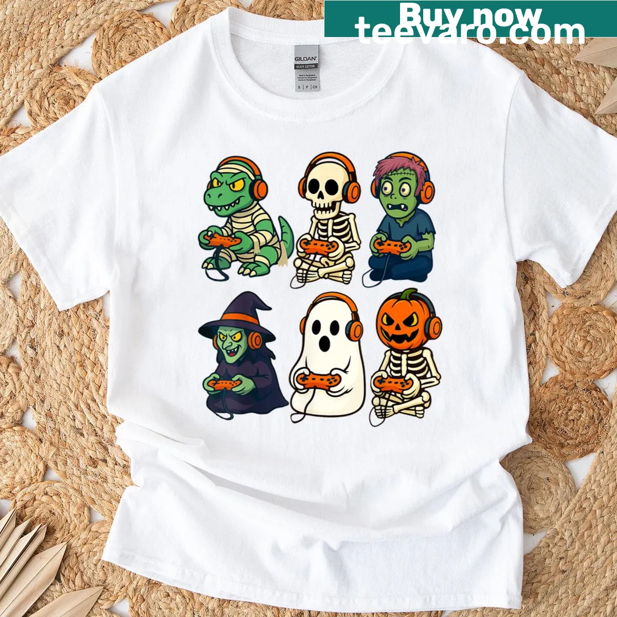 Cartoon T-shirt with Halloween-themed graphics for kids, featuring a dinosaur skeleton and ghosts — on a men's t-shirt