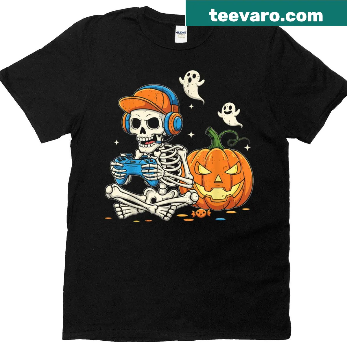 Halloween t-shirt with a cool skeleton gamer graphic — on a men's t-shirt